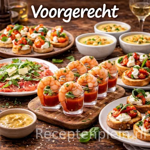 Voorgerecht recepten met verfijnde kleine gerechten, groenten en verse ingrediënten op een rustieke houten tafel