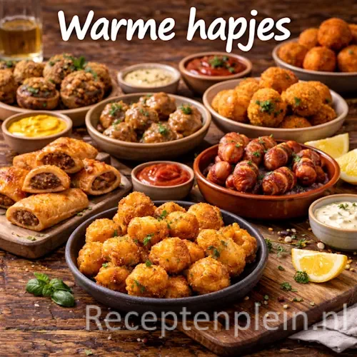 Warme hapjes recepten met bladerdeeghapjes, snacks en hartige lekkernijen op een rustieke houten tafel
