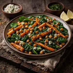 Warme salade met geroosterde wortel en kikkererwten