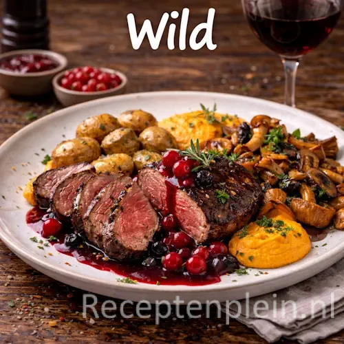Wild recepten met hertenvlees, groenten, kruiden en een rijke saus op een rustieke houten tafel