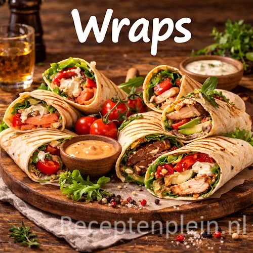 Wrap recepten met gevulde wraps, groenten, kip en verse ingrediënten op een rustieke houten tafel