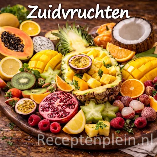 Zuidvruchten recepten met dadels, vijgen, abrikozen en rozijnen op een rustieke houten tafel