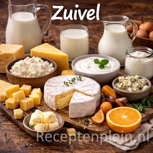 Zuivel recepten met melk, yoghurt, kaas en room op een rustieke houten tafel