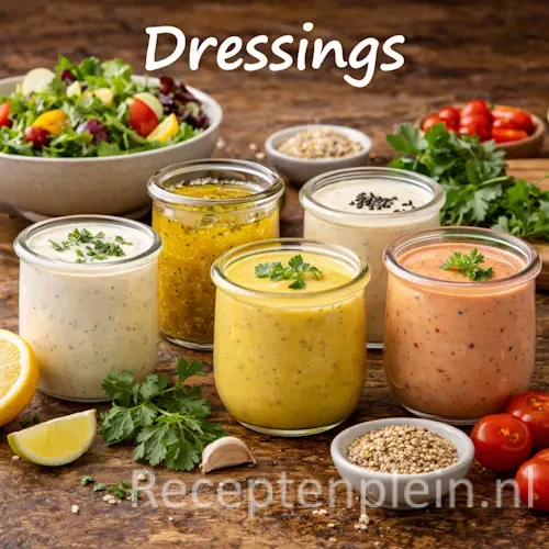 Dressing recepten met verschillende huisgemaakte dressings op een rustieke houten tafel