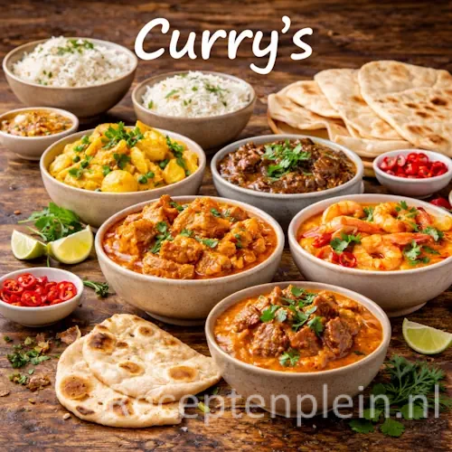 Curry recepten met verschillende curry gerechten op een rustieke houten tafel