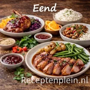 Eend recepten met gebraden eend en bijgerechten op een rustieke houten tafel