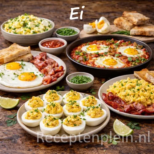 Ei recepten met omelet, gekookte eieren en eiergerechten op een rustieke houten tafel