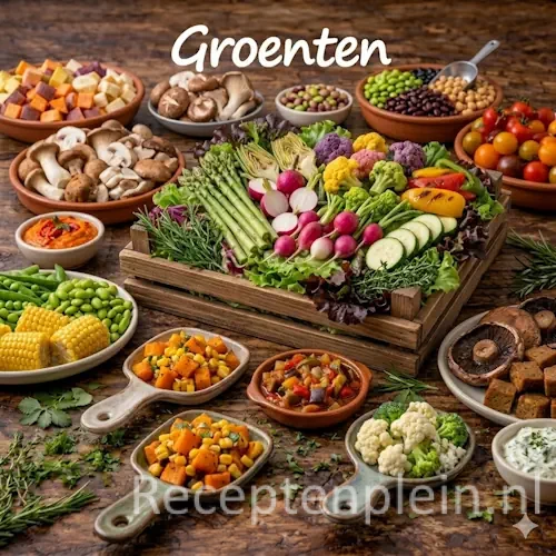 Groente recepten en gerechten met groenten op een rustieke houten tafel