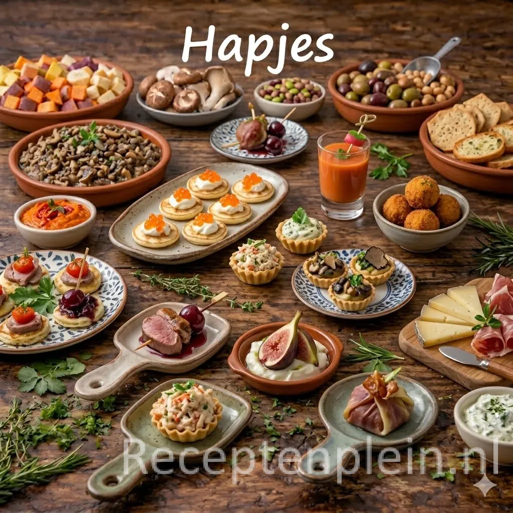 Hapjes recepten en kleine gerechtjes op een rustieke houten tafel