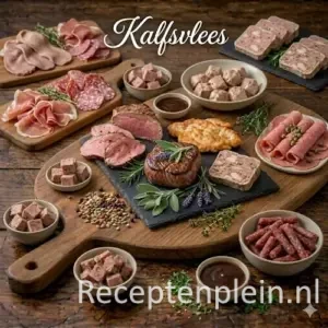 Kalfsvlees recepten met verschillende gerechten met kalfsvlees op een rustieke houten tafel