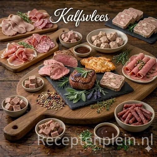 Kalfsvlees recepten met verschillende gerechten met kalfsvlees op een rustieke houten tafel