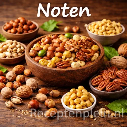 Noten met amandelen, walnoten, hazelnoten en pistachenoten op een rustieke houten tafel