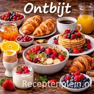 Ontbijt met broodjes, yoghurt, fruit en verse ingrediënten op een rustieke houten tafel
