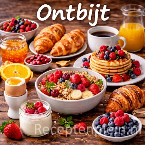 Ontbijt met broodjes, yoghurt, fruit en verse ingrediënten op een rustieke houten tafel
