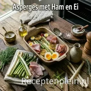 asperges met ham en ei op een rustieke houten tafel