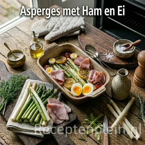 Asperges met ham en ei geserveerd op een rustieke houten tafel