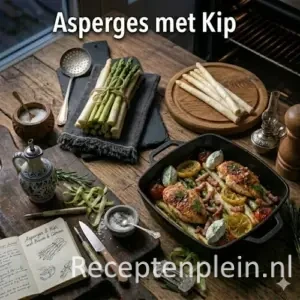 Gerecht met asperges en kip op een rustieke houten tafel