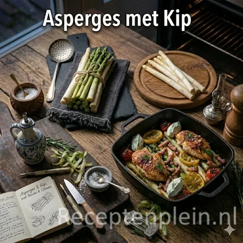 Gerecht met asperges en kip op een rustieke houten tafel