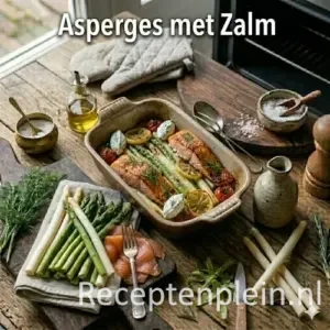 Recepten met asperges en zalm op een rustieke houten tafel