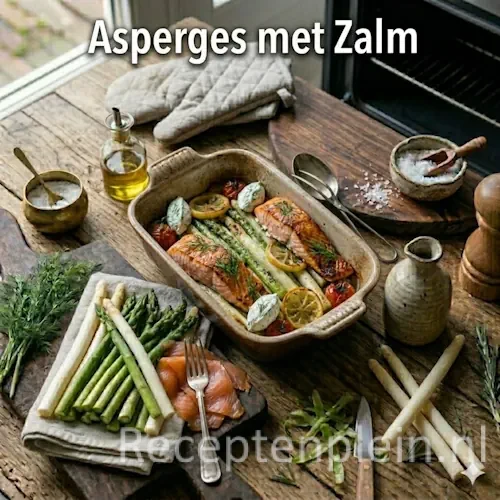 Recepten met asperges en zalm op een rustieke houten tafel