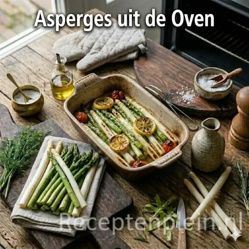 asperges uit de oven op een rustieke houten tafel