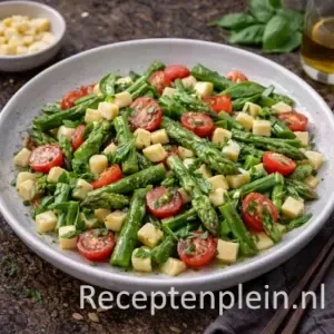 Groene aspergesalade met rookkaas op rustieke houten tafel