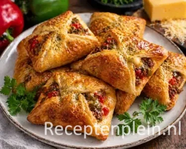 Hartige Gehaktpakketjes met Paprika en Kaas op een rustieke houten tafel.