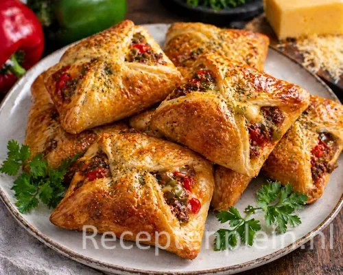 Hartige Gehaktpakketjes met Paprika en Kaas op een rustieke houten tafel.