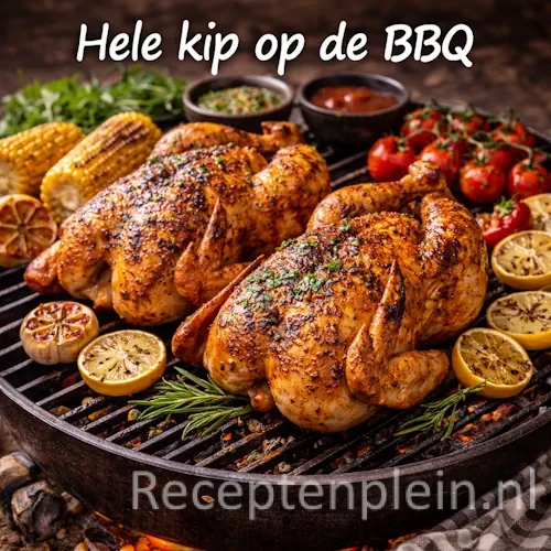 Hele kip op de BBQ met knapperig vel en verse kruiden op een rustieke houten tafel