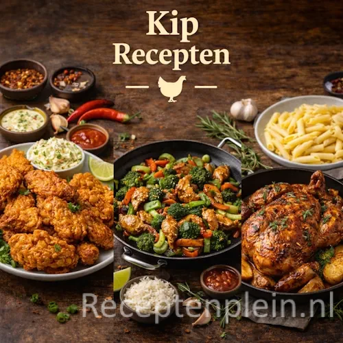 Kip recepten en gerechten met kip op een rustieke houten tafel