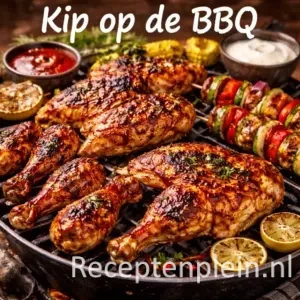 Kip op de bbq op een rustieke houten tafel.