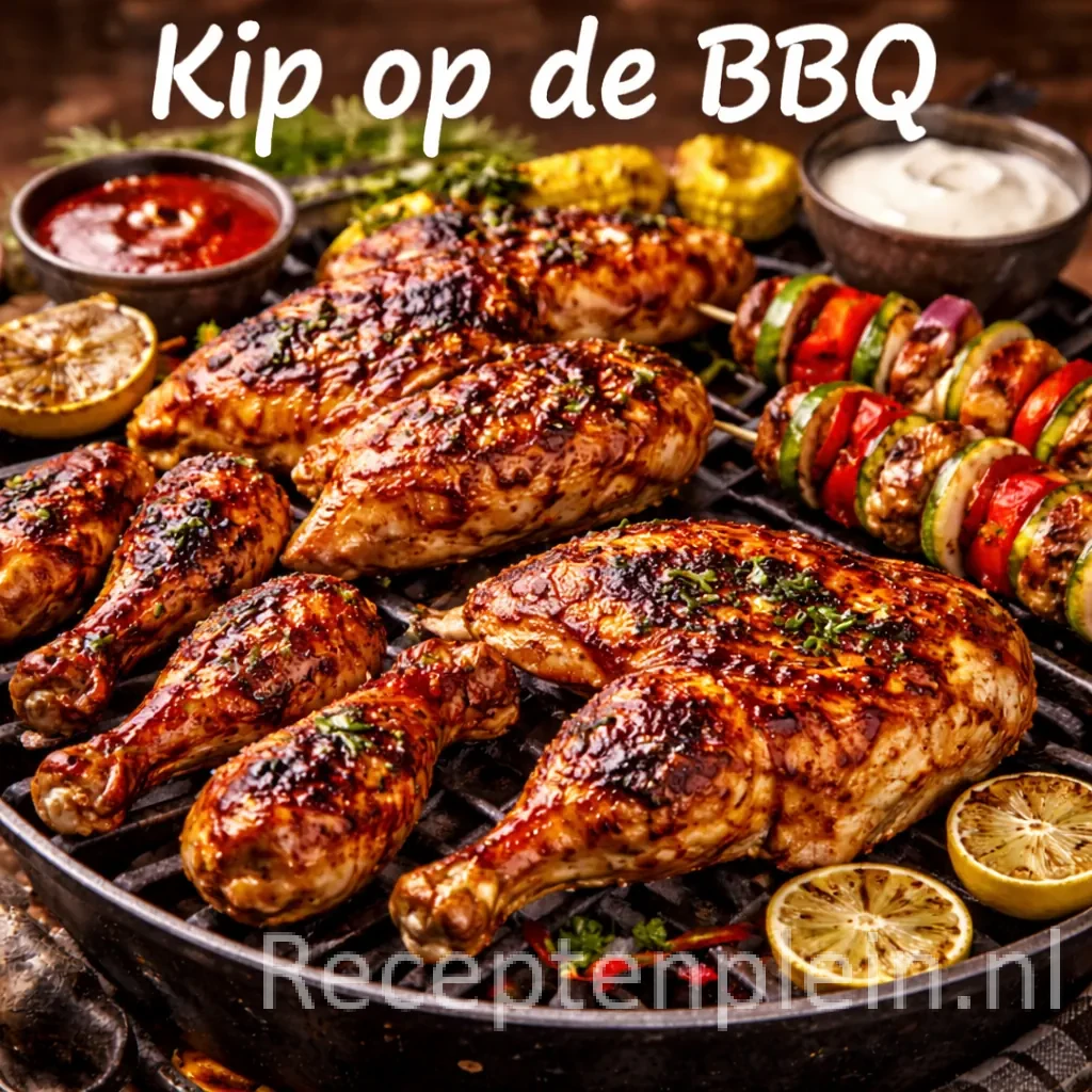 Kip op de bbq op een rustieke houten tafel.