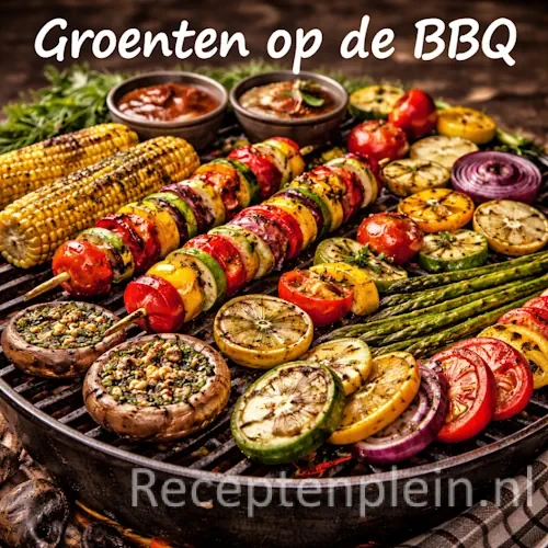 Groenten op de BBQ en gegrilde groenten op een barbecue met rustieke houten tafel
