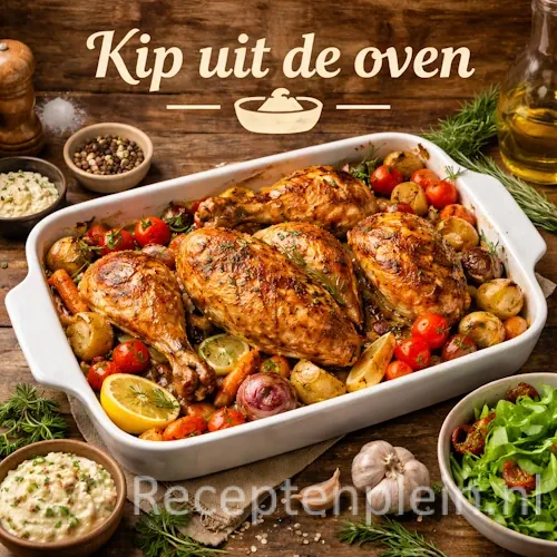 Oven kip recepten met gegrilde kip, groenten en kruiden op een rustieke houten tafel