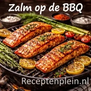 zalm op de bbq op een rustieke houten tafel