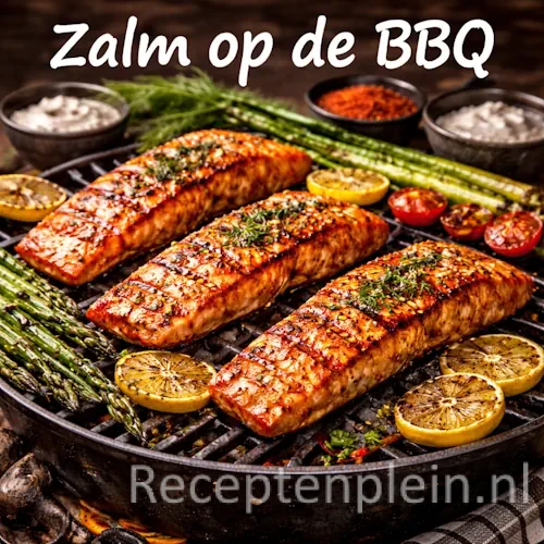 Zalm op de BBQ recepten met gegrilde zalm, groenten en verse kruiden op een barbecue