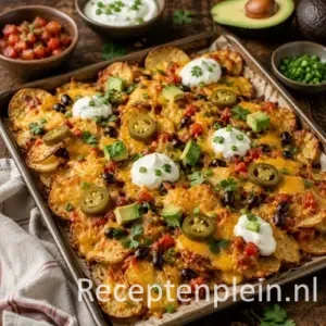 Aardappel nacho’s uit de oven op een rustieke houten tafel