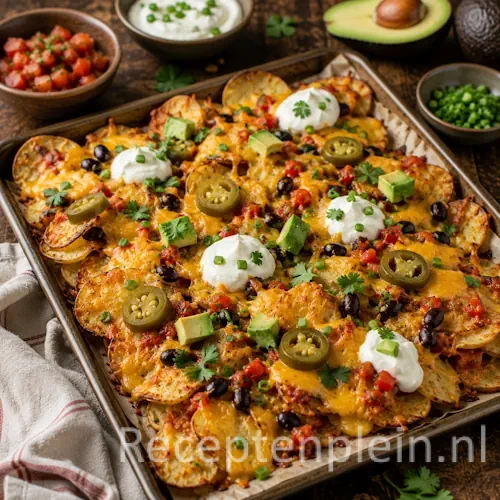 Aardappel nacho’s uit de oven op een rustieke houten tafel