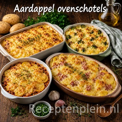 aardappel ovenschotels op rustiek houten tafel