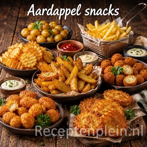 Aardappel snacks met diverse aardappelsnacks op een rustieke houten tafel