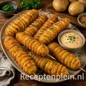 Airfryer aardappel twisters op een rustieke houten tafel