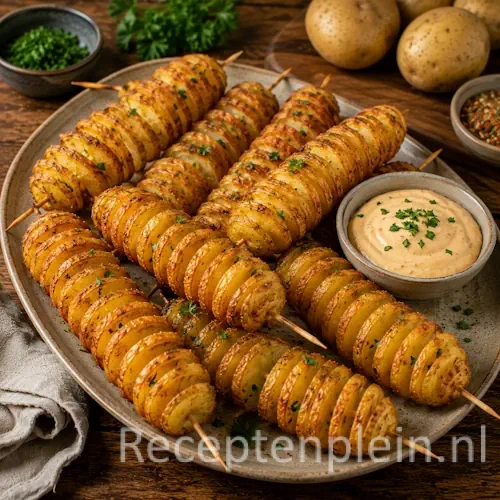 Airfryer aardappel twisters op een rustieke houten tafel