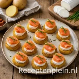 Amuse met aardappel recept met zalm en geitenkaas op een rustieke houten tafel