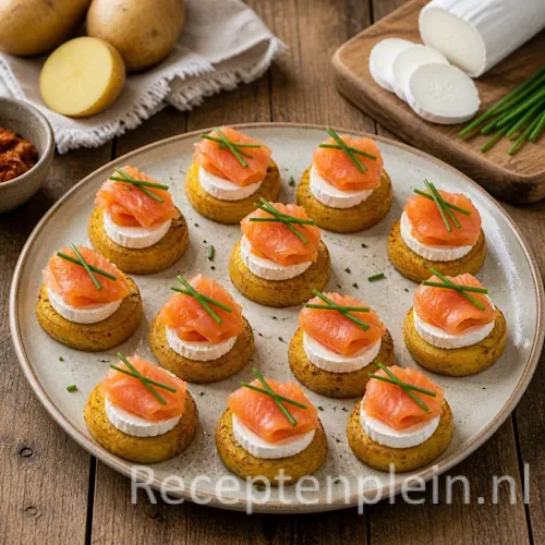 Amuse met aardappel recept met zalm en geitenkaas op een rustieke houten tafel