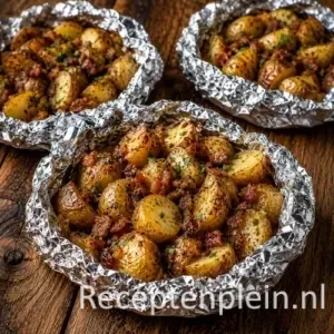 BBQ Aardappelpakketjes op een rustieke houten tafel