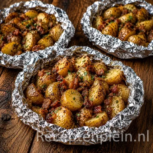 BBQ Aardappelpakketjes op een rustieke houten tafel