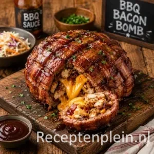 BBQ Bacon Bomb op een rustieke houten tafel