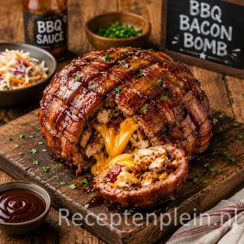 BBQ Bacon Bomb op een rustieke houten tafel