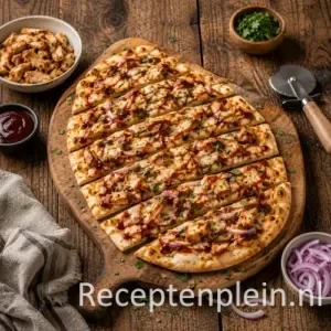 BBQ Chicken Flatbread op een rustieke houten tafel