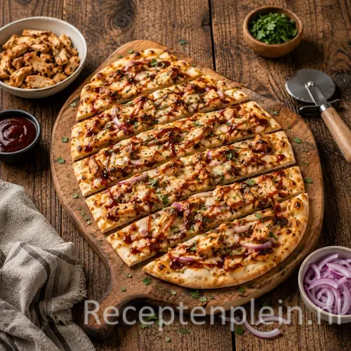 BBQ Chicken Flatbread op een rustieke houten tafel